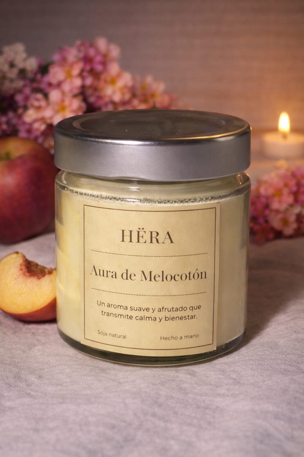 Aura de Melocotón – Vela de Cera de Soja | Melocotón, Jazmín y Ámbar