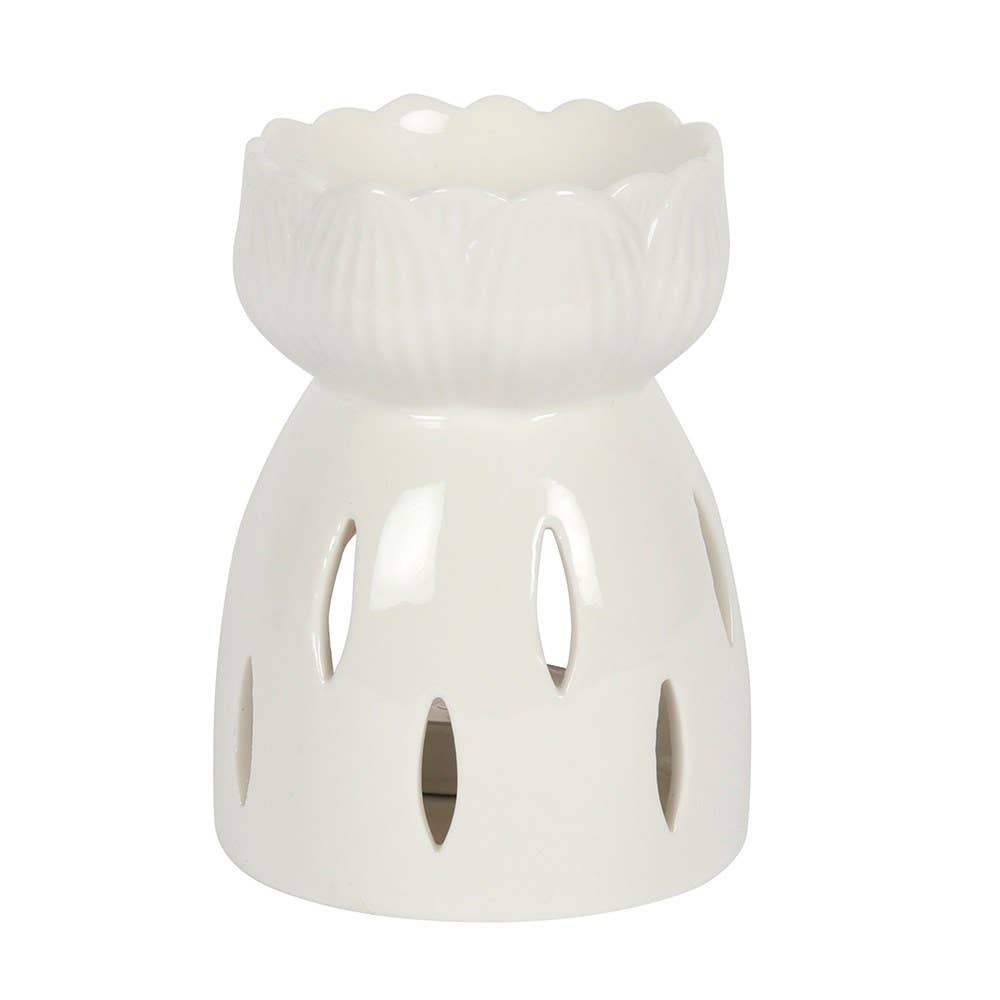 Quemador de Aceite y Calentador de Cera Flor de Loto Blanco Brillante